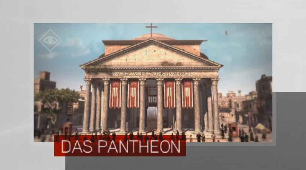 Assassin's Creed: Brotherhood Komplettlösung: Glyphen-Rätsel Nr. 10: Die letzte Glyphe ist im Bogen der Haupthalle im Pantheon verborgen. Steigt an den herausstehenden Altären mit Spitzdach hinauf und hangelt euch zum Ziel. (1)