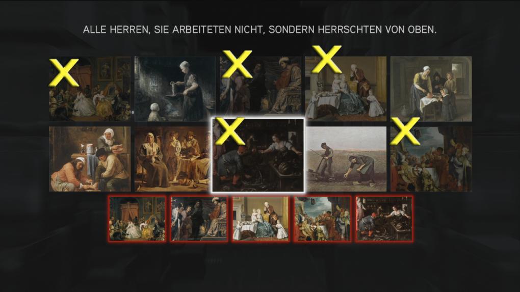 Assassin's Creed: Brotherhood Komplettlösung: Glyphen-Rätsel Nr. 1: Im ersten Rätsel gilt es, die korrekten fünf Bilder (mit X markiert) zu wählen. Der Tipp bezieht sich auf die Gemälde mit Männern, die nicht aus der Arbeiterschicht stammen.
