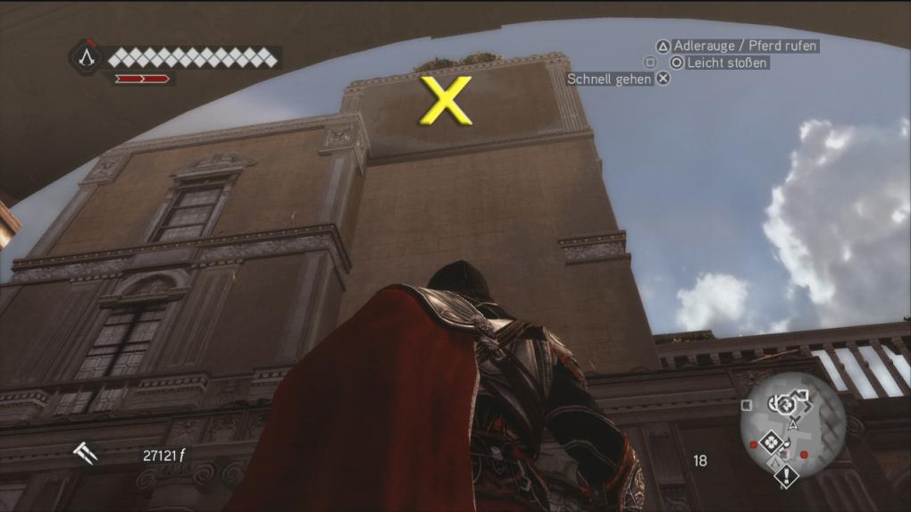 Assassin's Creed: Brotherhood Komplettlösung: Glyphen-Rätsel Nr. 2: Eine weitere Glyphe befindet sich weit oben an der Ostseite des Freudenhauses. Klettert über die Fenster auf der linken Seite empor und hangelt euch dann rüber. (2)