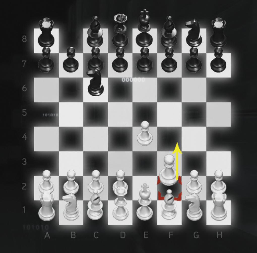 Assassin's Creed: Brotherhood Komplettlösung: Glyphen-Rätsel Nr. 2: Beim zweiten Schachzug setzt ihr den Bauern auf F2 ebenfalls zwei Felder nach vorne und platziert ihn zur Rechten des ersten Bauern.