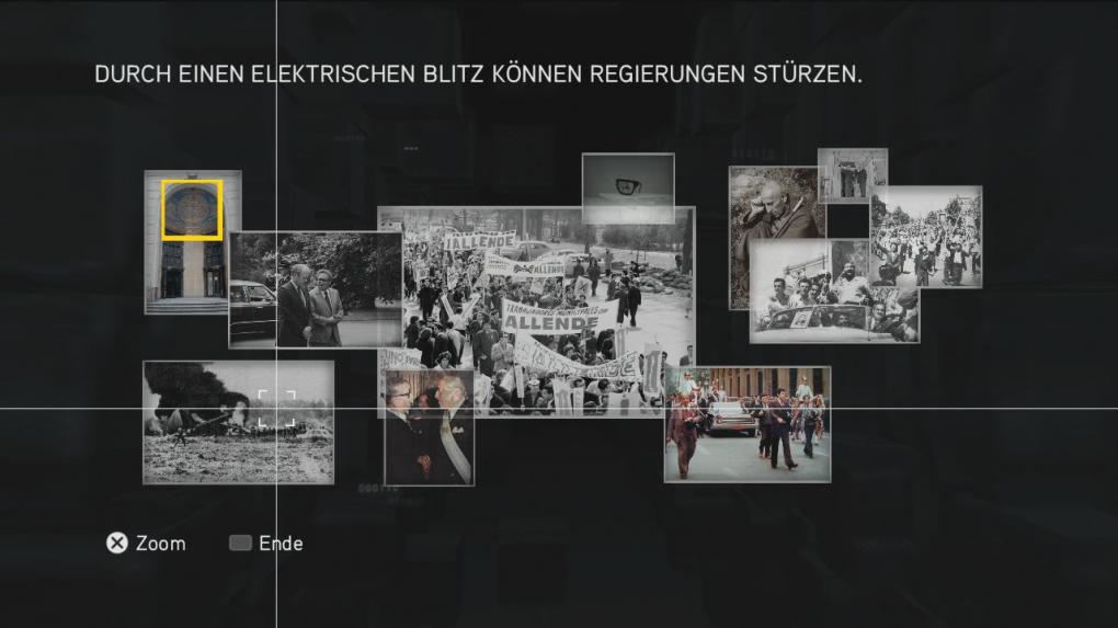 Assassin's Creed: Brotherhood Komplettlösung: Glyphen-Rätsel Nr. 5: Der Rotfilter offenbart den gesuchten Blitz im Fresko des Fotos links oben im Eck.