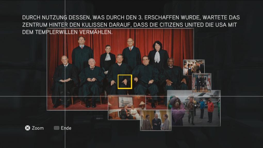 Assassin's Creed: Brotherhood Komplettlösung: Glyphen-Rätsel Nr. 7: Das größte Foto ist zugleich das entscheidende. Fahrt mit dem Filter über die linke Hand des mittleren Mannes und ihr seht ein Templerabzeichen. (1)