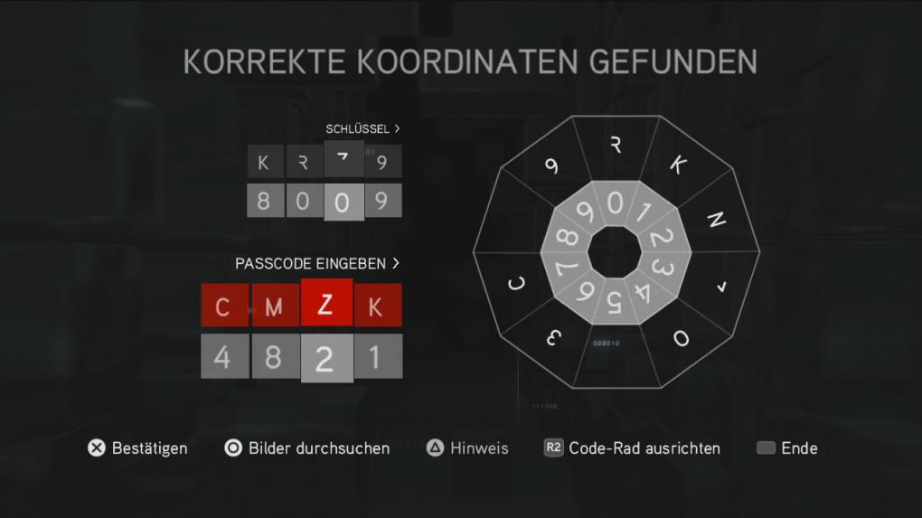 Assassin's Creed: Brotherhood Komplettlösung: Glyphen-Rätsel Nr. 7: Die fehlenden Symbole auf der Codescheibe sind M und Z, womit sich der gezeigte Code ergibt.
