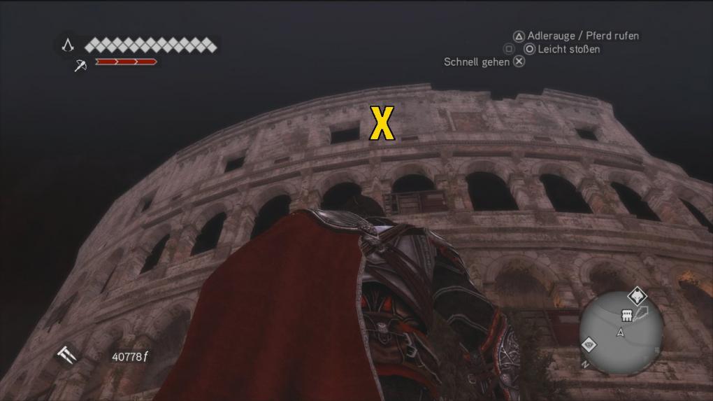 Assassin's Creed: Brotherhood Komplettlösung: Glyphen-Rätsel Nr. 8: Ganz oben an der Nordwestfront der Kolosseumsruine residiert die nächste Glyphe. Die Fassade bietet genug Klettermöglichkeiten, um sie auf direktem Weg zu erreichen. (2)