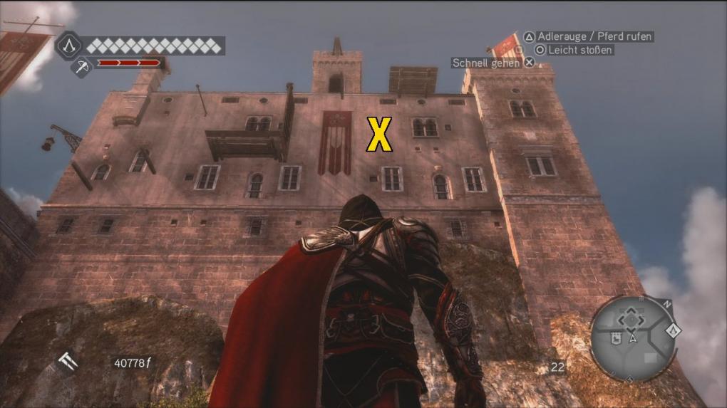 Assassin's Creed: Brotherhood Komplettlösung: Glyphen-Rätsel Nr. 9: An der markierten Stelle des Senatorenpalastes wartet die vorletzte Gylphe auf euch. Steigt an den vielen Fenstern entlang dort hin. (2)