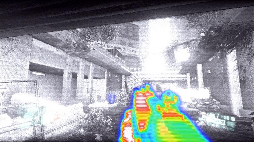 Nano-Sicht:
Die Nano-Sicht ist eine Art Wärmesensor. Sie zeigt die Körperwärme von Feinden an und auch einige Objekte wie beispielsweise explosive Fässer werden in dieser Ansicht hervorgehoben. Besonders nützlich ist die Nano-Sicht, wenn die Gegner sehr weit entfernt sind oder ihr in ein nebliges oder verstaubtes Gebiet seid. Nützlich ist die Nano-Sicht auch bei den Aliens, da diese sehr flink sind und häufig ihre Position wechseln. Mit der Nano-Sicht verliert ihr sie nicht so schnell aus dem Auge.