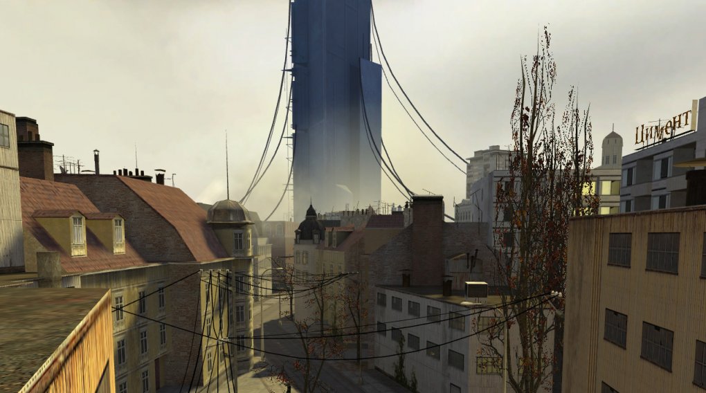 Blick auf die geheimnisvolle Zitadelle, die aus dem Zentrum der von Aliens kontrollierten Stadt City 17 (Half-Life 2) ragt. Die Designer der virtuellen Metropole haben sich im Hinblick auf den Architekturstil unter anderem an Budapest und Sofia orientiert.