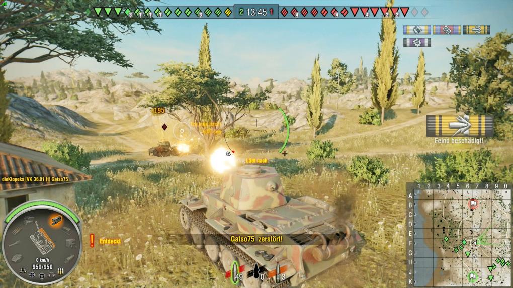 Die meisten Panzer sind an der Seite nicht so gut gepanzert wie vorne. Daher empfiehlt es sich, mit einem flinken Fahrzeug die Feinde zu umrunden.