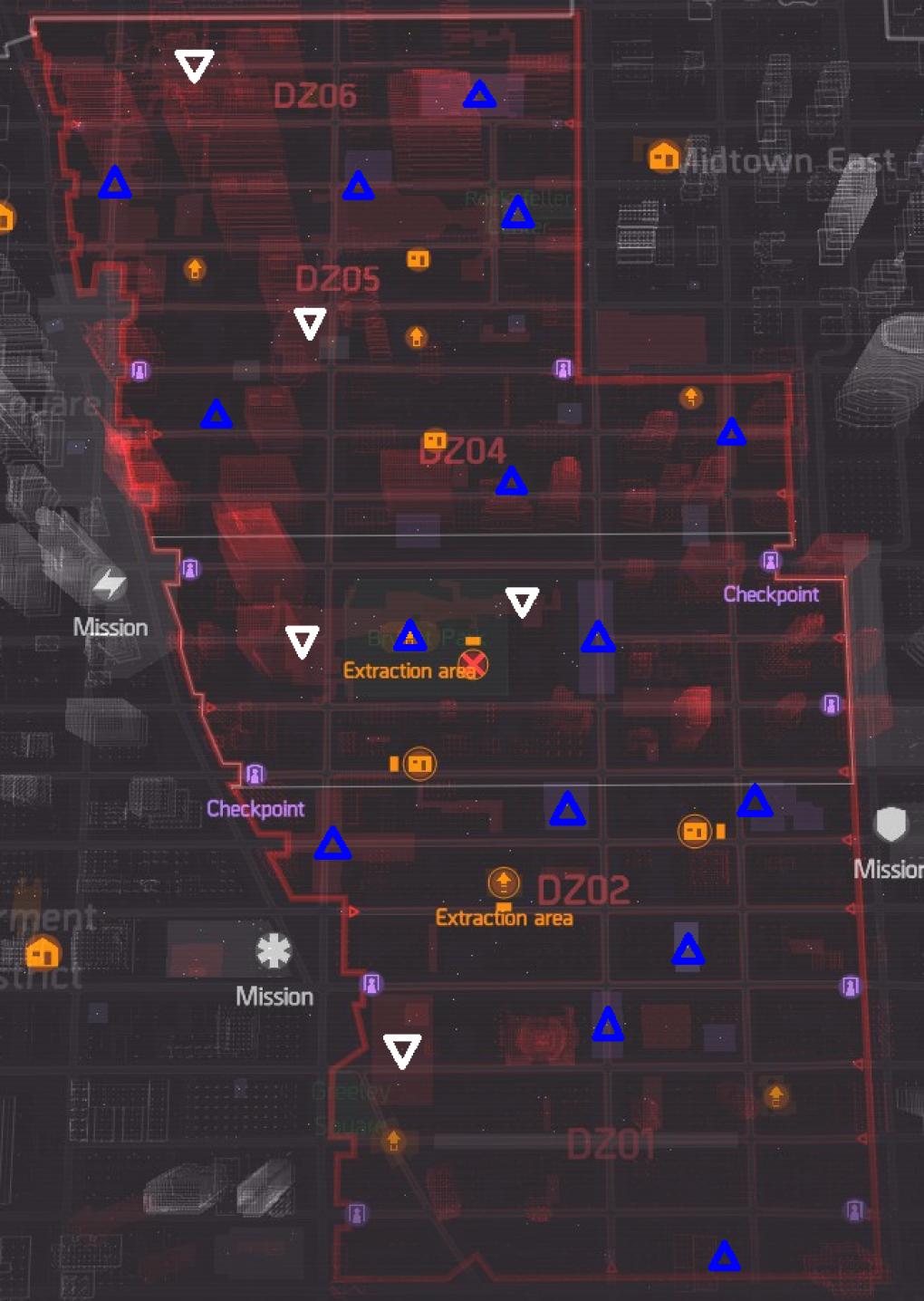 Eine Karte von der Dark Zone aus Ubisofts The Division, die alle Fundorte der Bossgegner darstellt. 