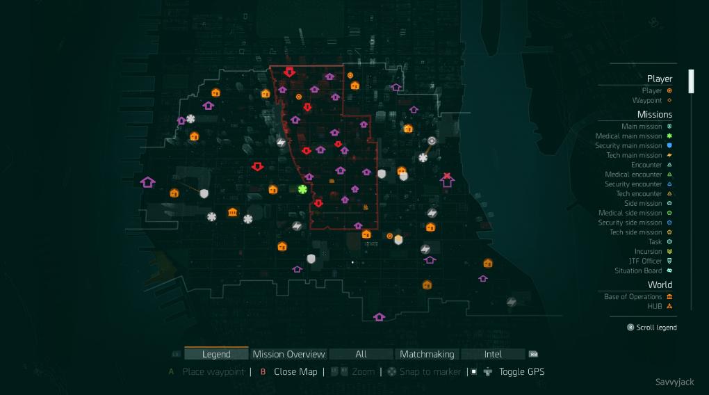 Eine Karte der Spielwelt von The Division mit allen Fundorten für besondere Gegner innerhalb und außerhalb der gefährlichen Dark Zone. 