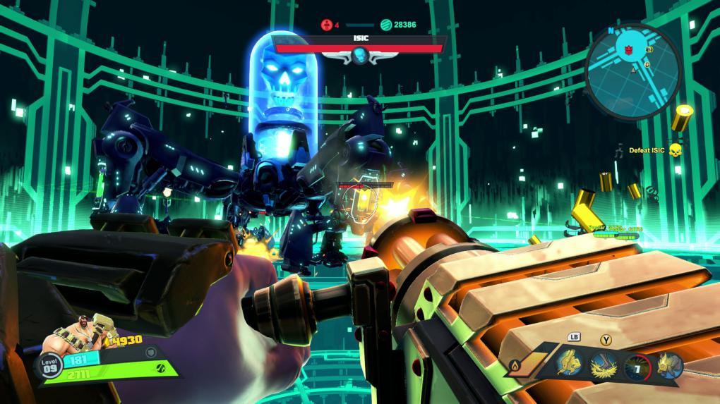 Battleborn: In den Bosskampf-Missionen tretet ihr gegen mächtige Endgegner an. Hier kämpfen wir gerade gegen Isic, den wir anschließend als Held freischalten.