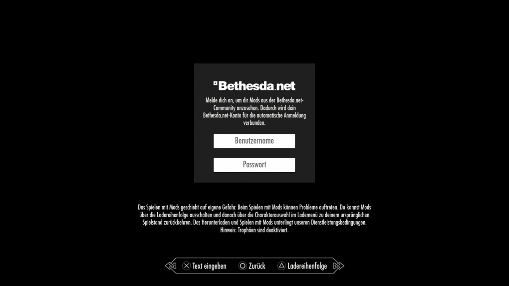 Um Mods zu nutzen, ist ein Account bei Bethesda.net Pflicht. Der Publisher warnt vor möglichen Folgen bei der Nutzung von Modifikationen. Ärgerlich: Trophäen werden unabhängig von der Mod-Kategorie deaktiviert.
