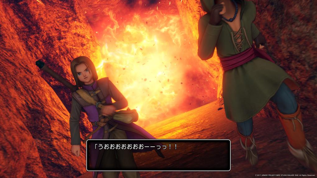 Dragon Quest 11 räumt auf mit der Betulichkeit manch einer früheren Episode: Auf der Flucht vor einem dicken Drachentier entkommen der Held und Camus dem feurigen Atem in letzter Sekunde.