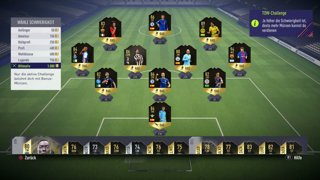 Gegen das Team der Woche könnt ihr auf verschiedenen Schwierigkeitsgraden antreten.