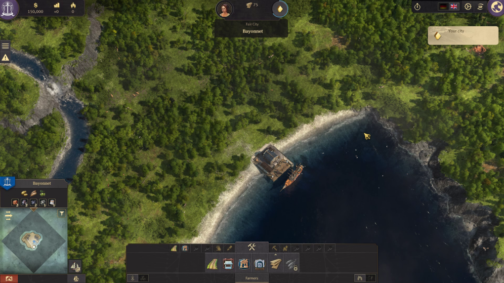 Die bescheidenen Anfänge einer jeden Anno- Partie: eine Insel, ein Kontor und ein Schiff.