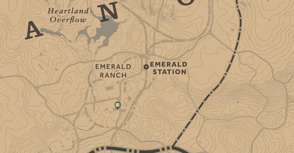 Kartenausschnitt in Red Dead Redemption 2 - Hehler bei Emerald Ranch.