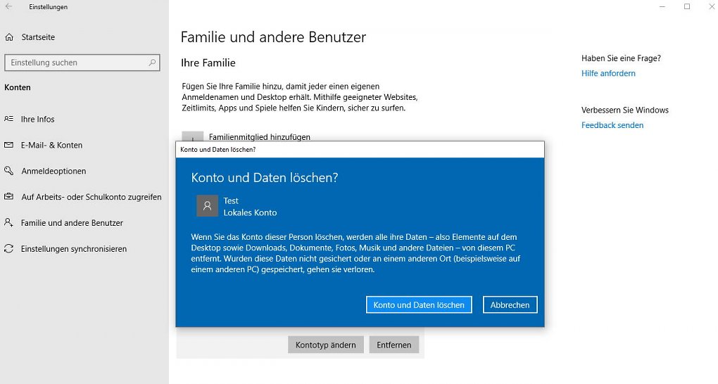 Letzter Schritt beim Löschen eines Kontos