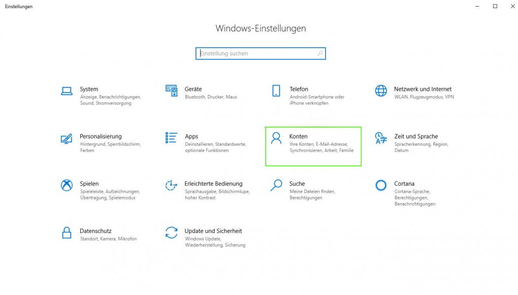 Windows-Optionen: Konten-Menü