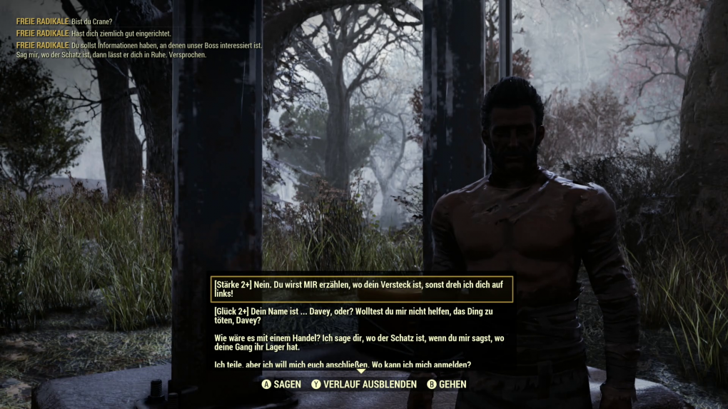 Ähnlich wie in Fallout 3 haben unsere Charakterwerte in Fallout 76: Wastelanders auch Einfluss auf die Dialoge. So können wir beispielsweise diesen „freien Radikalen“ mit Stärke oder mit Glück überzeugen und lösen so womöglich neue Dialogoptionen aus. <br> &nbsp; (1)