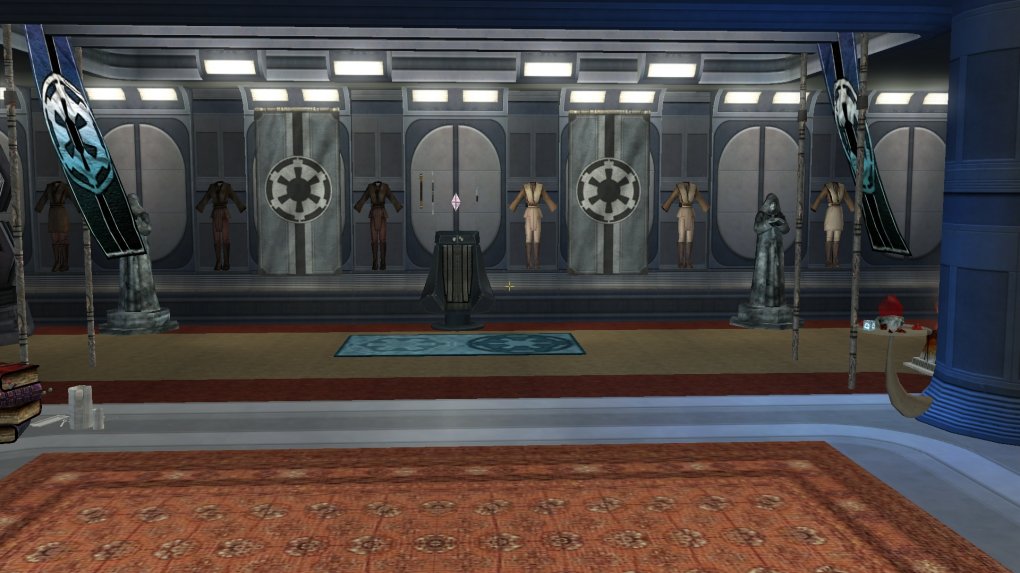 Der Hauptraum meines kleinen Museums, in dem ich Artefakte meiner Abenteuer ausgestellt habe. Vorne rechts auf dem kleinen Tisch zum Beispiel Kristalle, Holocrons und Fragmente von meiner beschwerlichen Reise zur Macht-Sensitivität.