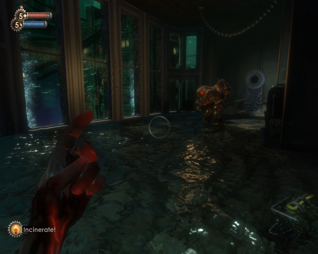 Die Animation der Hände spielt in Bioshock eine entscheidende Rolle. Die Bewegungen und Effekte stellen den Einsatz der Plasmide dar. Ein Schnippen etwa setzt den lauernden Big Daddy in Brand.
