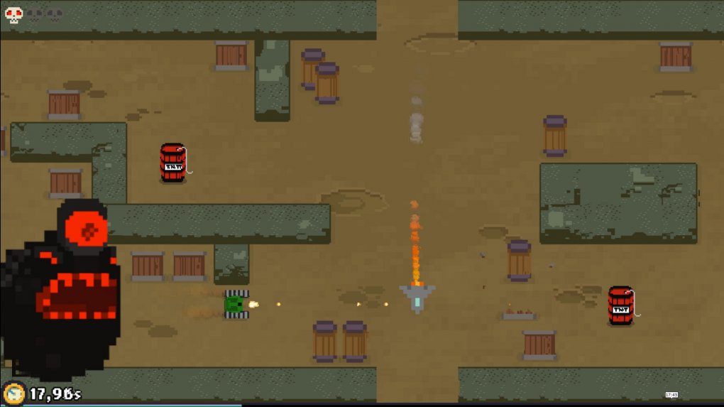 Ein typischer Bosskampf: Um das schwarze Pixelmonster auszuschalten, schießen wir mit dem Panzer aus dem Ballerspiel Combat auf TNT-Fässer, damit diese im richtigen Moment explodieren.&nbsp;