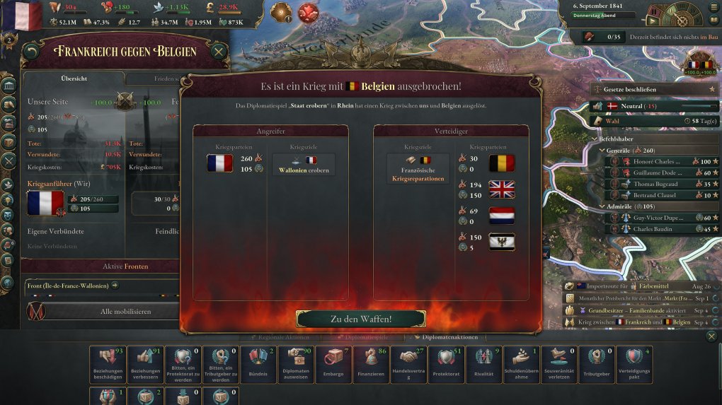 Nach der Vorbereitungsphase tritt dieser Krieg in die offene Konfrontation ein. Frankreich versucht das belgische Wallonien zu erobern, die Verteidiger wiederum haben sich mit Großbritannien, den Niederlanden und Preußen Verstärkung an die Seite geholt.