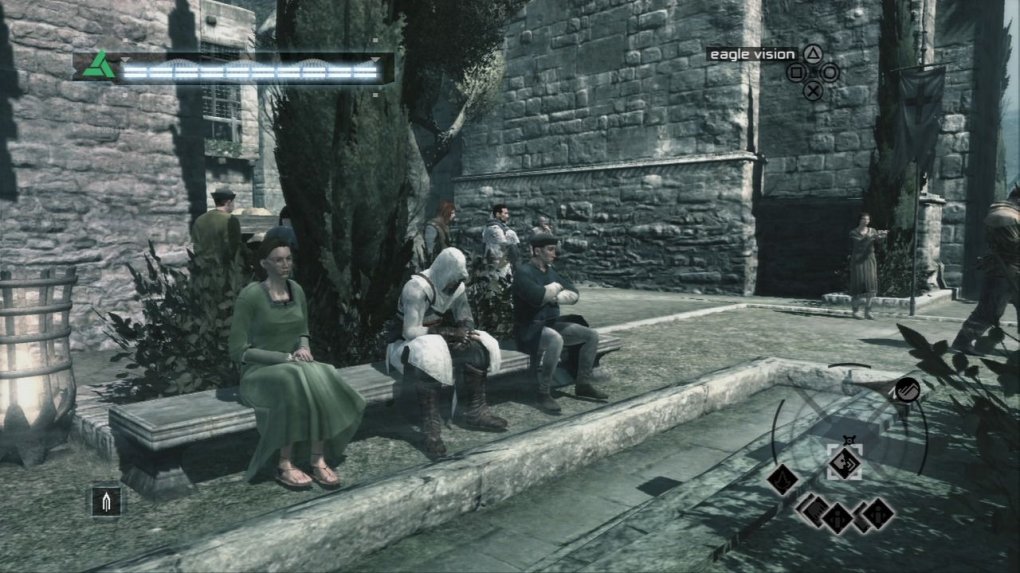 Kurze Pause: Auch dies ist eine Form des „Social Stealth“. Altaïr nimmt kurzerhand auf einer Bank zwischen zwei Zivilisten Platz und taucht so unter.&nbsp;