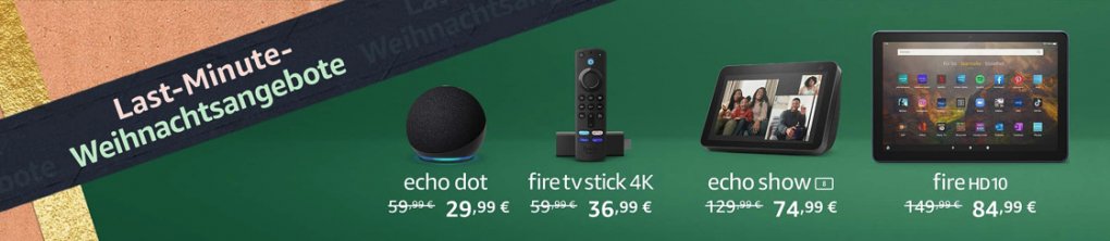 Bei den Last-Minute-Weihnachtsangeboten bei Amazon gibt es Geräte für Alexa und Prime Video wie den Echo Dot Smart Speaker oder den Fire TV Stick 4K mit Riesen-Rabatten zu kaufen.