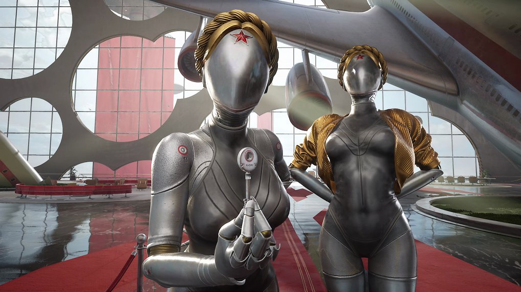 Zwei weibliche Roboterfiguren, von denen eine einen Schlüssel in der Hand hält.