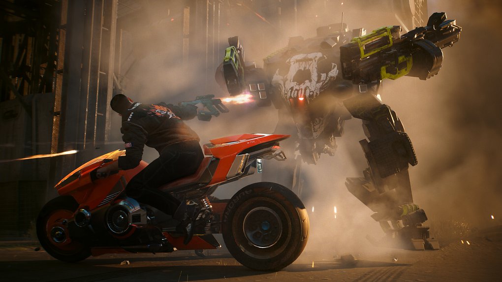 Der Protagonist feuert von einem Motorrad aus auf einen Mech.