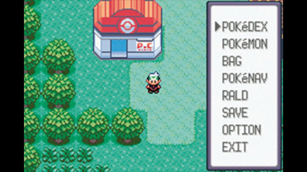 Der männliche Charakter aus Pokémon Rubin und Saphir steht vor einem Pokémon-Center