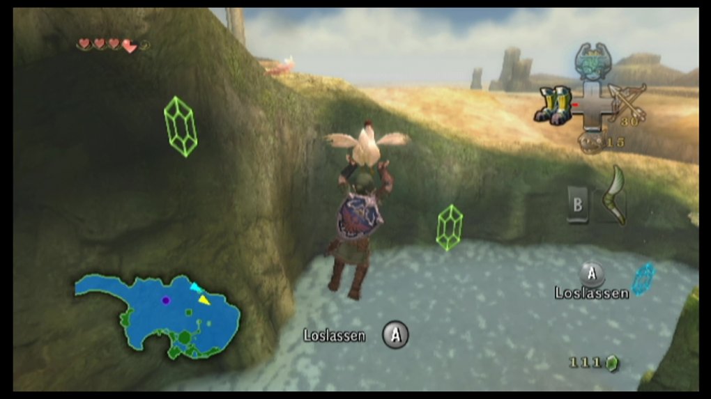 Link fliegt mit einem Huhn und versucht, die Rubine in der Luft zu treffen.