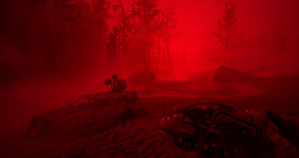 Spieler steht mit einer Art Säge vor dem Fahrzeug. Im Hintergrund leuchtet die Spielwelt rot