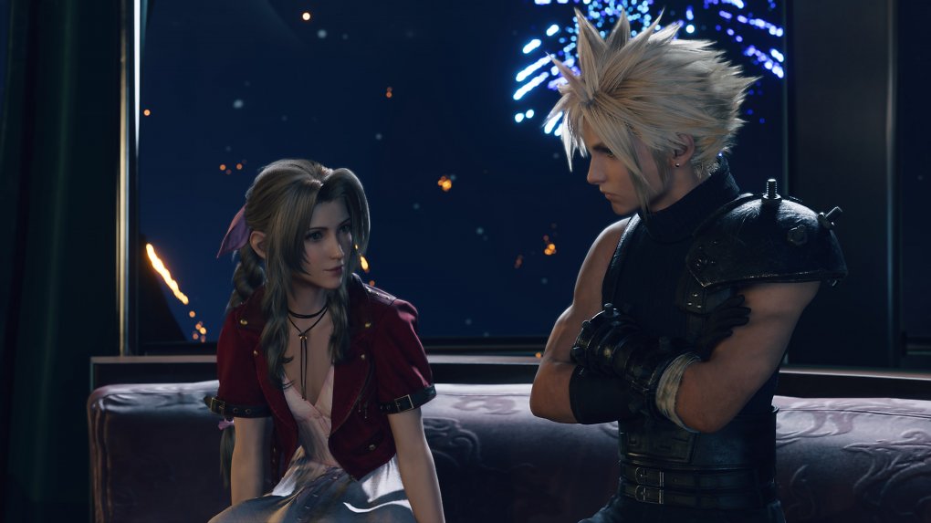 Aerith und Cloud unterhalten sich während eines Feuerwerks.
