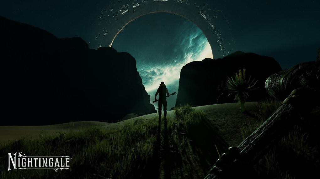 Ein Charakter steht in der Nacht in der Landschaft und blickt auf einen Mond
