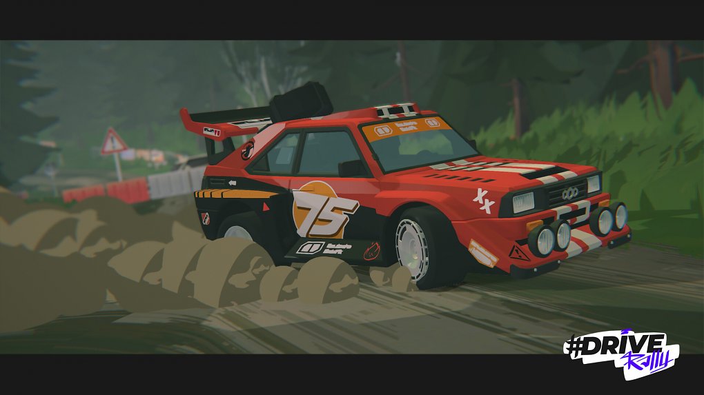 Ein rotes Rallye-Fahrzeug driftet über eine staubige Piste