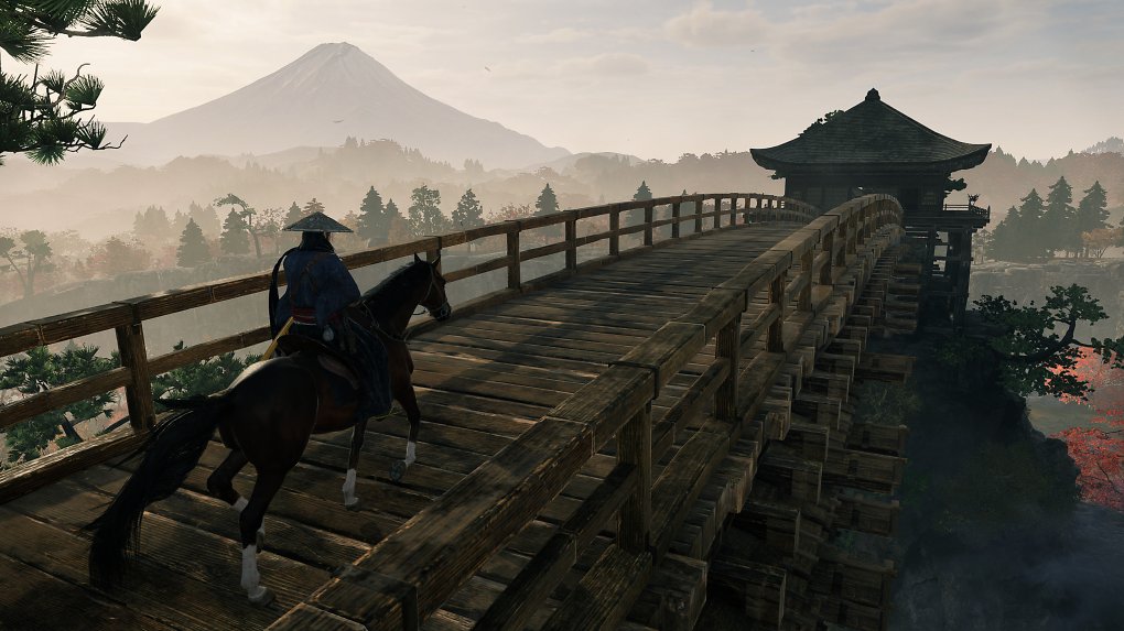 Die Spielfigur reitet über eine Brücke.