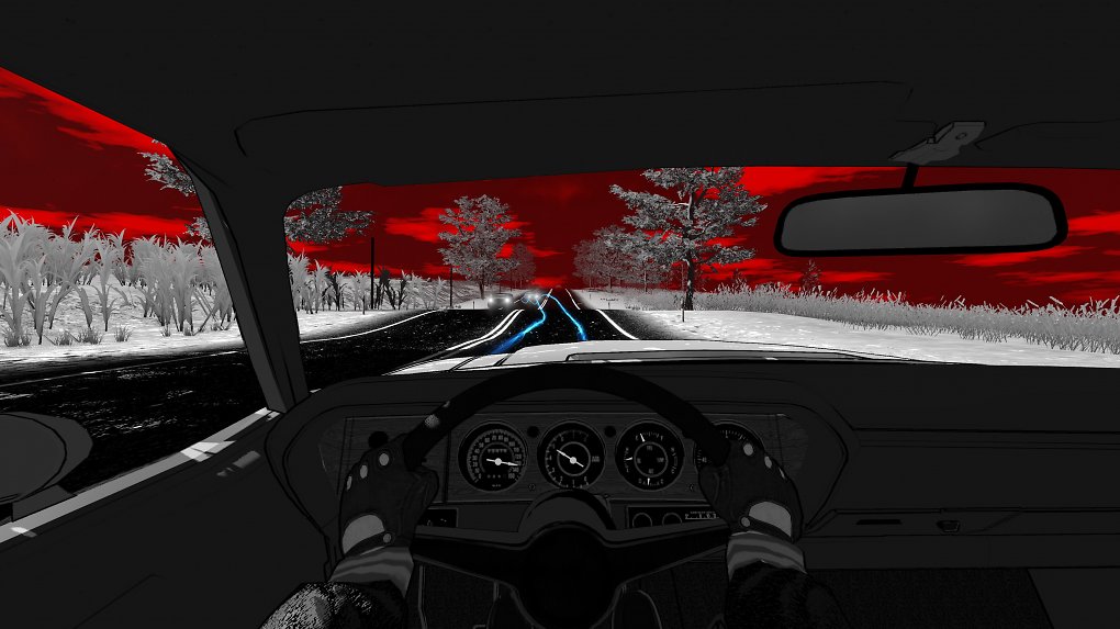 Eine Verfolgungsjagd aus der Cockpit-Perspektive. Der Himmel leuchtet rot.