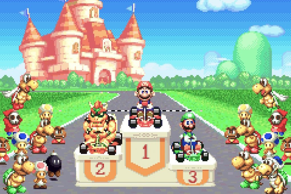 Mario steht nach einem gewonnenem Grand Prix auf dem Podium.