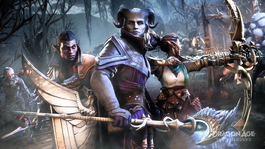 Ein Qunari-Held mit zwei Begleitern