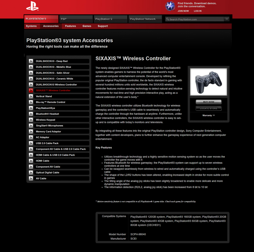 Screenshot von ehemaliger Produktseite des Sixaxis