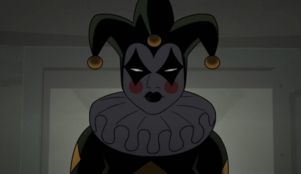 Harley Quinn in voller Clown-Montur.