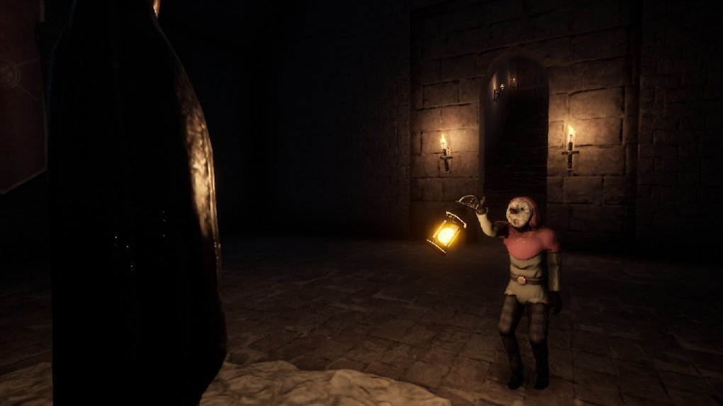 Eine Figur steht mit einer Lampe vor einem mysteriösen Etwas