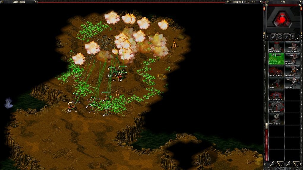 Ein Meteoritenschauer geht über einem Tiberiumfeld nieder.