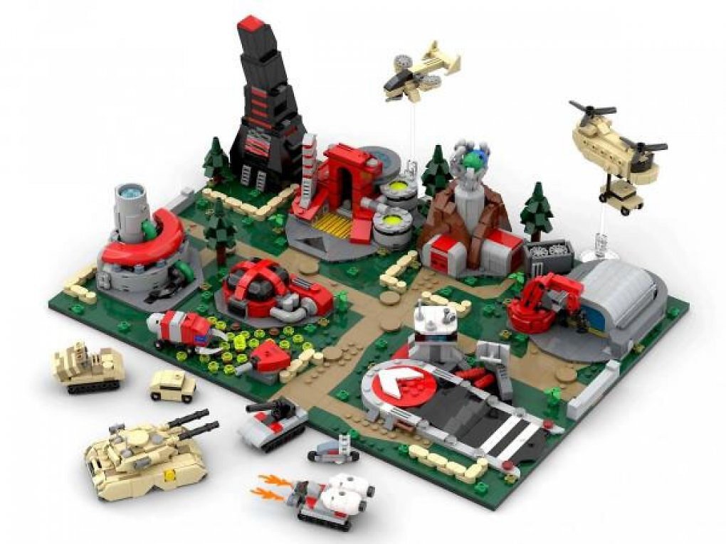 Alle drei Klemmbausteinsets von Bluebrixx zusammen ergeben eine Nod-Basis aus Command and Conquer: Tiberiumkonflikt.