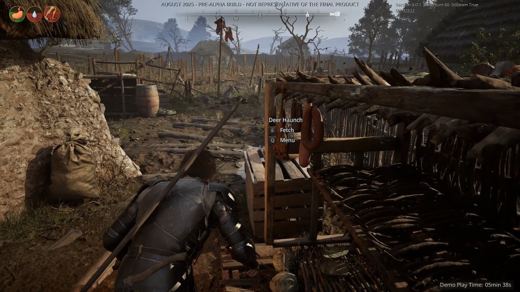 Die Survival-Mechaniken sind zurzeit zwar noch nicht richtig ausgeprägt, jedoch verspürt eure Spielfigur Hunger und Durst. Lasst sie also nicht zu lange ohne Stärkung auskommen.