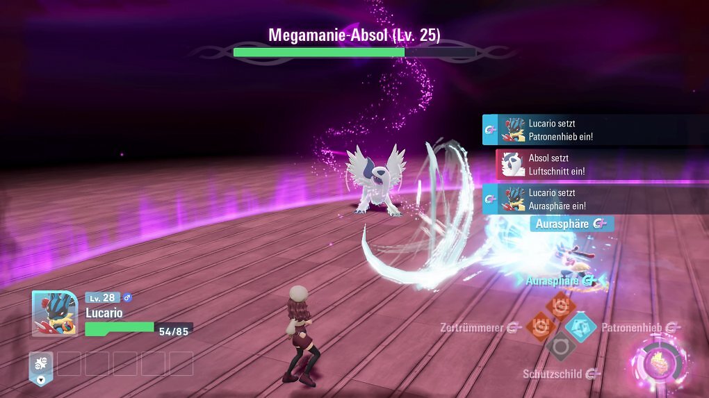 Megamanie-Pokémon haben sich nicht mehr unter Kontrolle, weshalb ihr sie besänftigen müsst. Passt dabei allerdings gut auf, denn sie nehmen euch ebenso ins Visier wie eure Monster. Zum Glück könnt ihr per Knopfdruck zur Seite hechten.