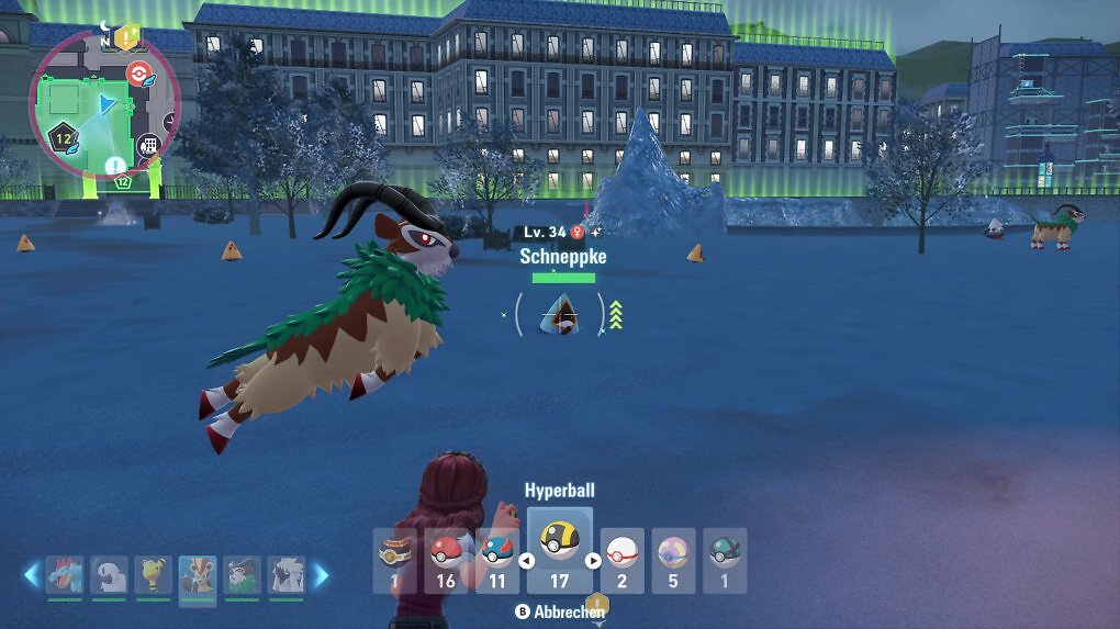 In der Dunkelheit hätten wir es beinahe übersehen, doch in einem der Wildsektoren ist uns tatsächlich ein schillerndes Pokémon über den Weg gelaufen. Das überraschend blaue Schneppke kann sich aber auch hervorragend im Schnee tarnen.