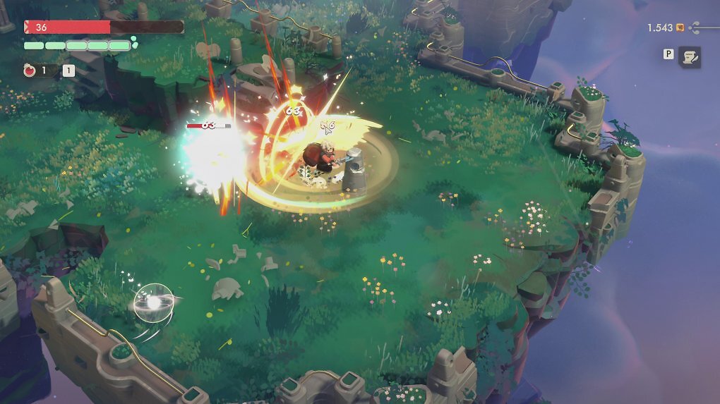 Mit dem zerbrochen aussehenden Kurzschwert springt unser weißhaariger Champion herum und schlägt um sich. Selbst der Schrei, den er dabei ablässt, erinnert verdächtig an Riven von League of Legends.